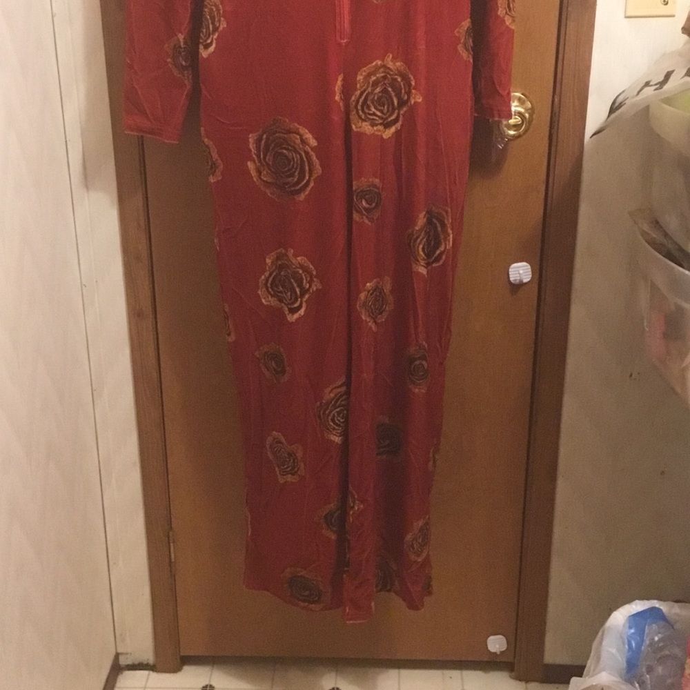 Oyrosy Elegant Red Floral Rose Velvet Zip up  Long Sleeve  Retro Jumpsuit M - Picture 13 of 13